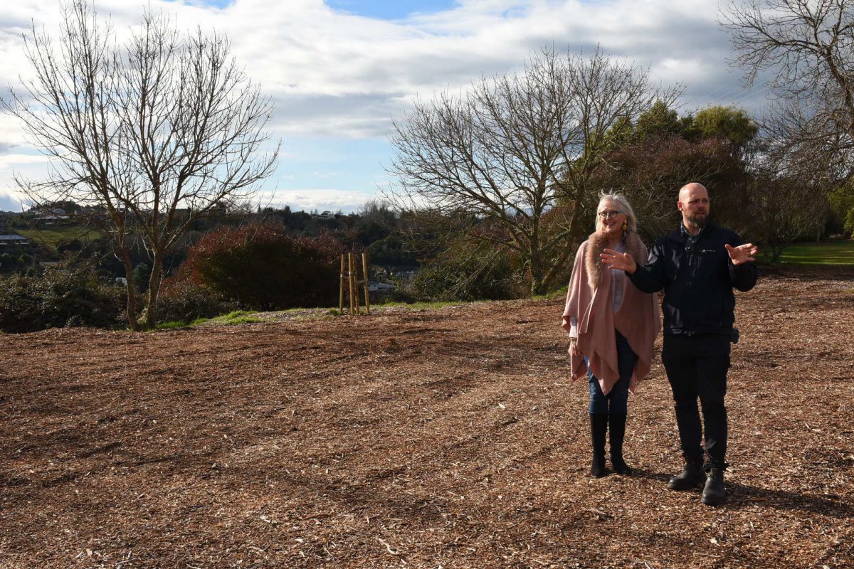 Taupo deputy mayor Christine Rankin and Taupo District Council team leader assets and cemeteries Kieran Smith at the new Taupo Natural Burial Area.